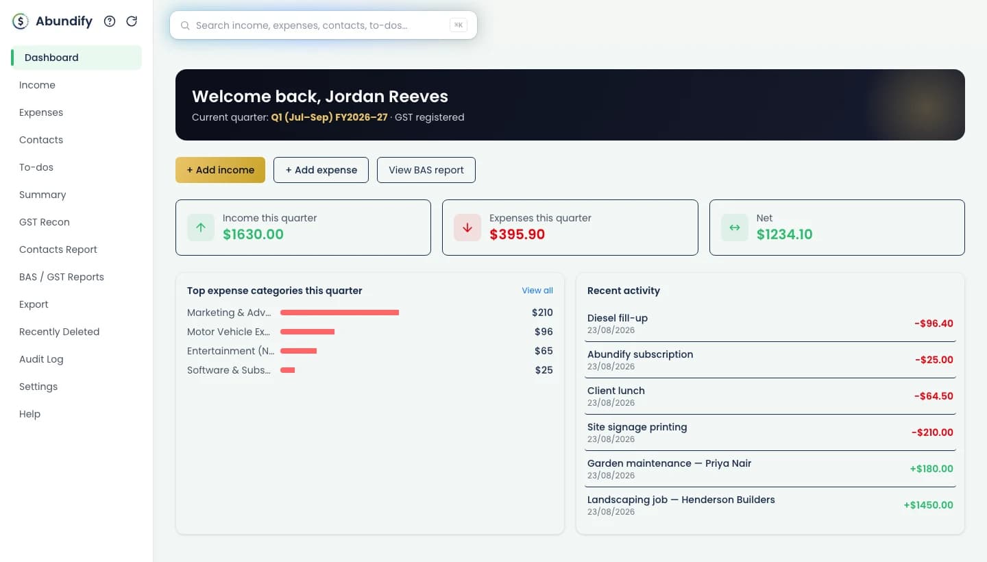 Abundify dashboard showing this quarter's income, expenses and recent activity